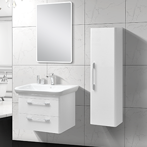 Composition meuble salle de bain : dim  L 650mm  x  P 460mm  2 tiroirs " Soft Closing "avec vasque en Céramique designo ,miroir avec LED et colonne 1 portes.Couleur café au lait. - Elegant