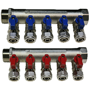 Collecteur avec mini vanne rouge et raccord(5 sorties) - CM Fittings
