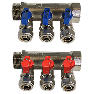 Collecteur avec mini vanne rouge et raccord (3 sorties) - CM Fittings